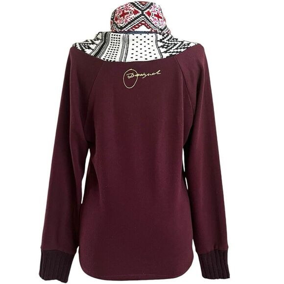 Desigual Patchwork Shawl Neck Pullover Sweater S Burgundy Cottagecore - Picture 3 of 16